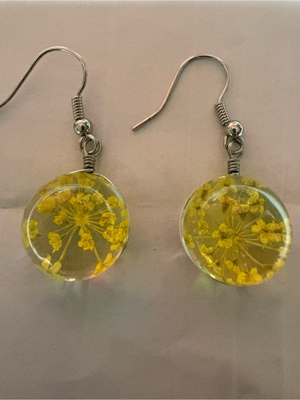 Yellow Floral Resin Drop Earrings with Silver Hooks